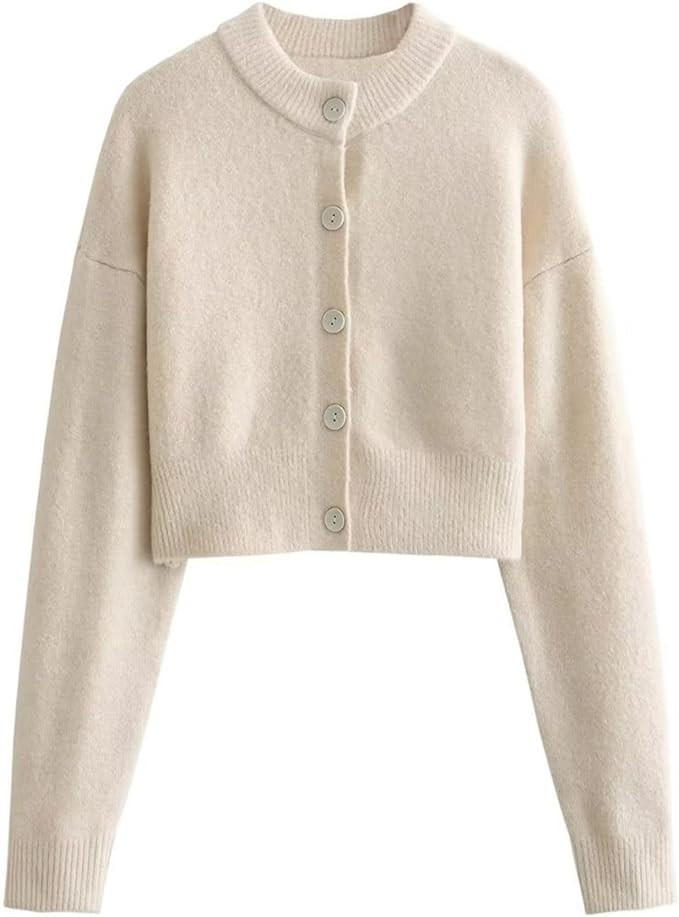 FindThy Women’s Cropped Cardigan Sweater Crewneck Solid Color Long Sleeve Button Down Knitted O... | Amazon (US)