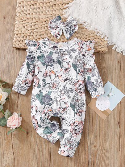Baby Floral Print Ruffle Trim Jumpsuit & Headband | SHEIN
