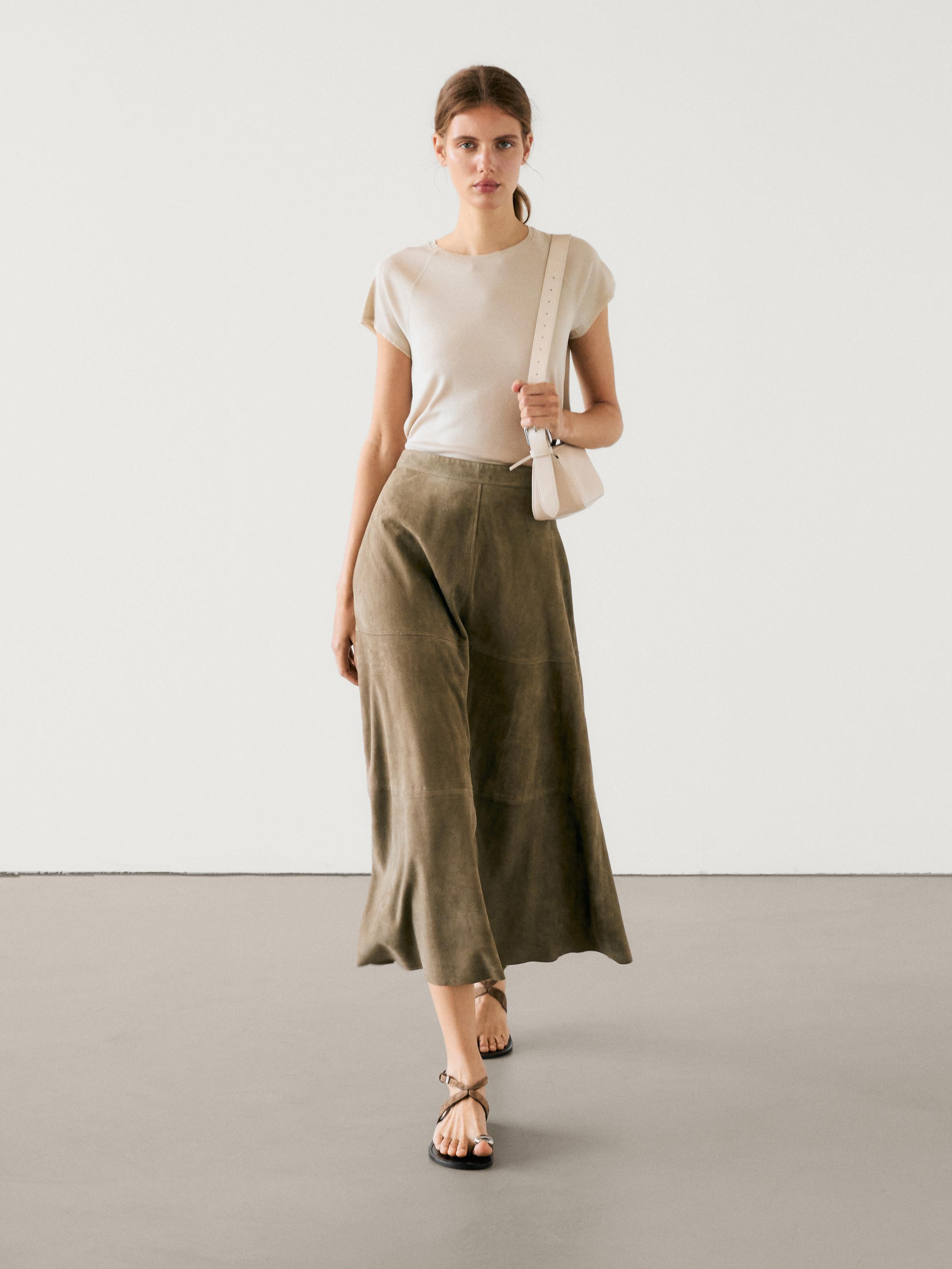 Suede leather flared midi skirt | Massimo Dutti UK