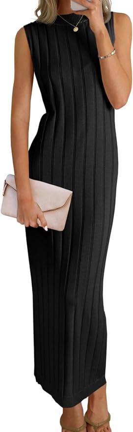 Wenrine Womens Sleeveless Sweater Dress Mock Neck Ribbed Knit Fall Tank Maxi Dresses | Amazon (US)