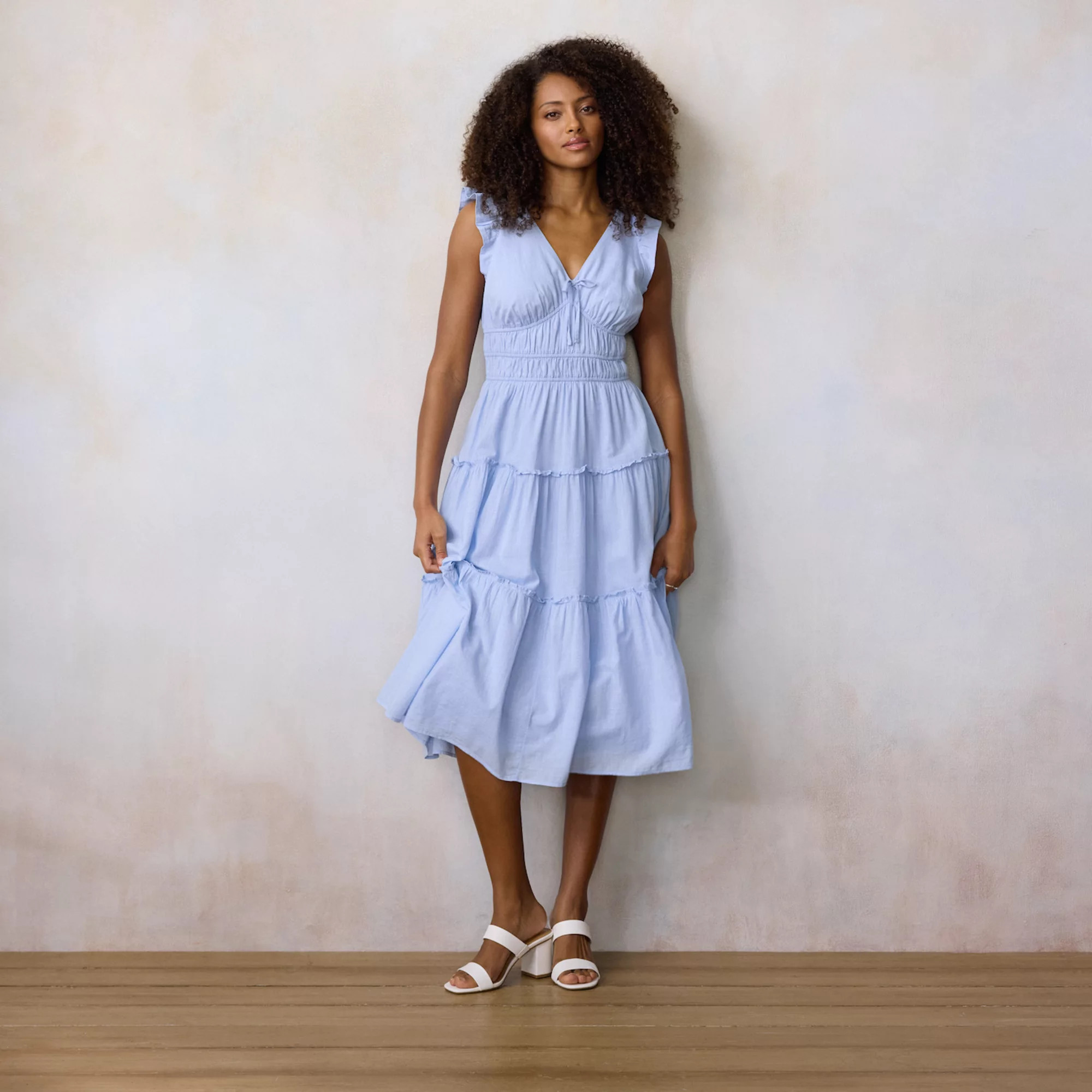 Women's LC Lauren Conrad Shirred Bodice Ruffle Sleeve Midi Dress | Kohl's