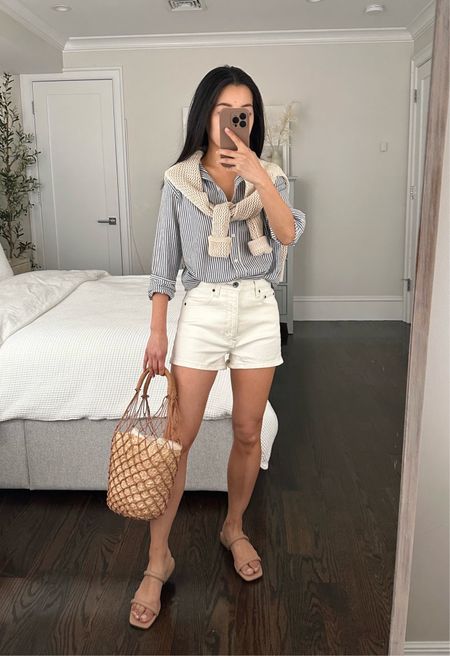 Simple weekend casual outfit 

•High rise Mom shorts size 25 - Trying on a 25 for a relaxed fit and I like this solid cream wash. Amongst AF shorts, I prefer the 90s cutoff for the slightly longer length! The style I’m wearing here has a 2.5” inseam 

• J.Crew woven basket bag

•Everlane button up shirt sz 00 . Great lightweight staple that is very versatile 

•Everlane loose knit sweater - several years old, I’ve linked a similar option from Madewell that fits casually slouchy in xxs 

•Amazon sandals

#LTKstyletip #LTKunder50 #LTKsalealert