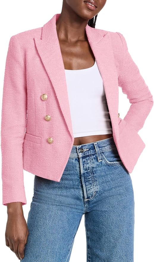Cicy Bell Women Double Breasted Cropped Tweed Blazer Jackets Lapel Open Front Long Sleeve Busines... | Amazon (US)