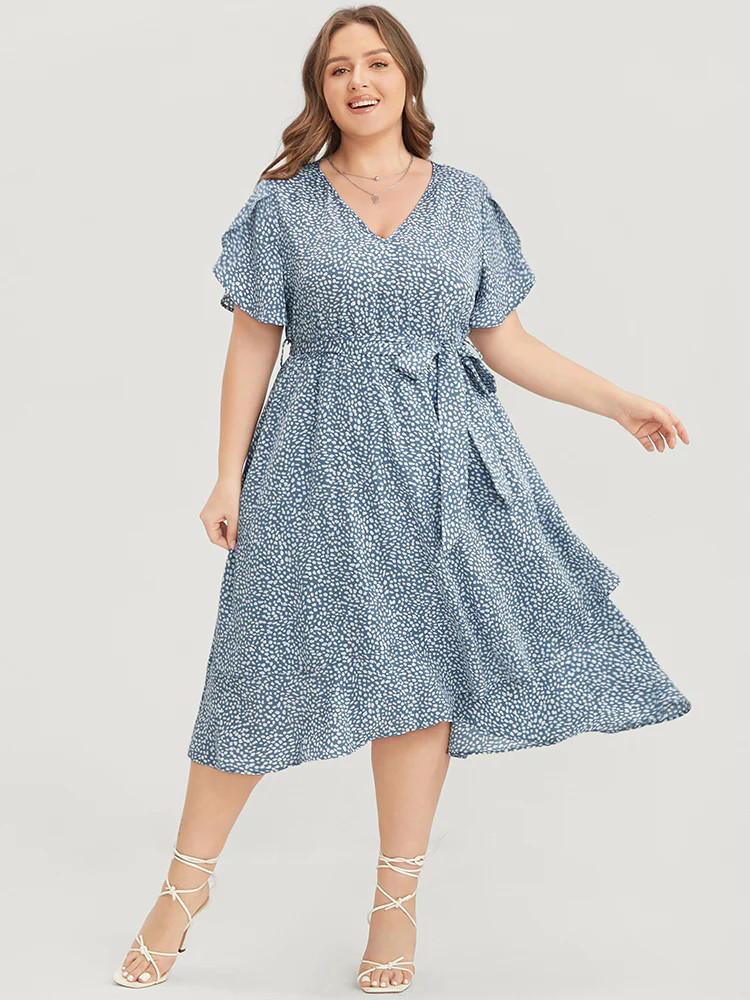 Polka Dot Split Sleeve Ruffle Pocket Belted Asymmetrical Hem Dress | Bloomchic