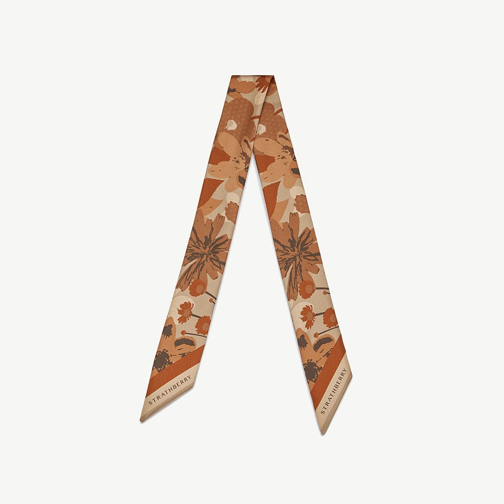 Silk Skinny Scarf - Caramel/Tan Block Floral | Strathberry | Strathberry