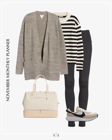Monthly outfit planner: NOVEMBER Fall and Winter looks | open front cardigan, striped crewneck sweater, legging, sneaker, athleisure, activewear, weekend wear 

See the entire calendar on thesarahstories.com ✨ 

#LTKfitness #LTKstyletip