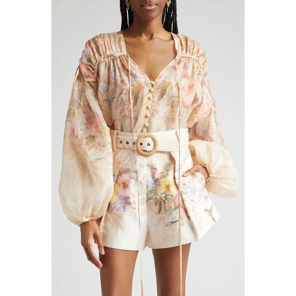 Zimmermann Tropical Floral Linen & Silk Shirt in Ivory Tropical at Nordstrom, Size 0 | Nordstrom