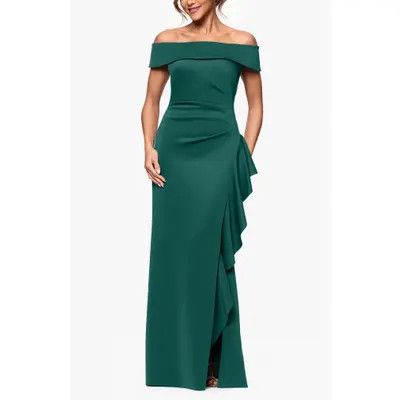 Xscape Evenings Ruffle Off the Shoulder Scuba Gown in Midnight at Nordstrom, Size 16 | Nordstrom