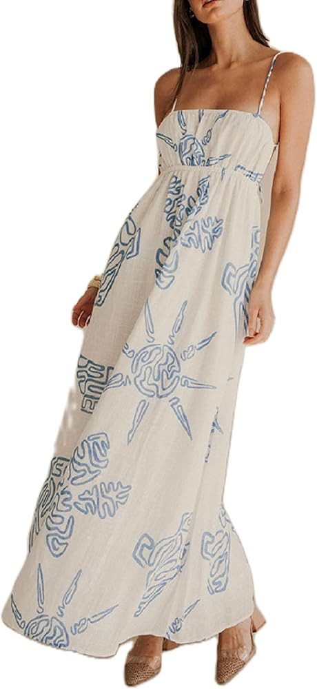 Juakoso Women Boho Graphic Maxi Dress Spaghetti Strap Square Neck Long Flowy Dress Summer Graffit... | Amazon (US)