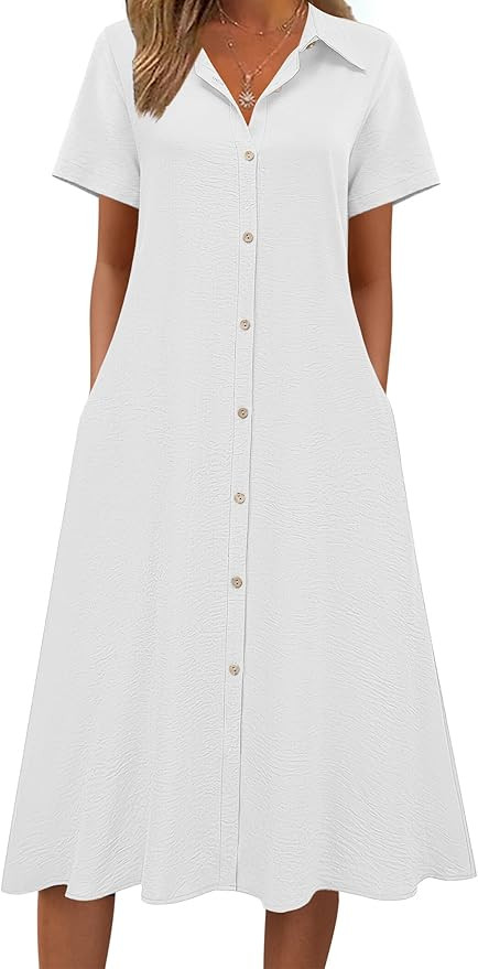 Zeagoo Summer Dresses for Women 2026 Button Down Shirt Dresses Aline Long Sundress Short Sleeve B... | Amazon (US)
