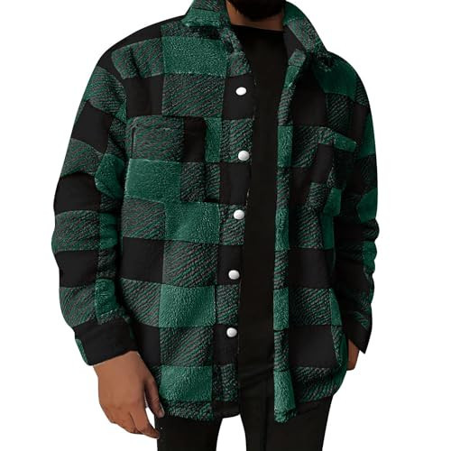 Flannel Shirt Jacket Men Plaid Button Down Teddy Winter Coats Lapel Oversized Warm Fuzzy Fleece Outwear with Pockets Army Green | Amazon (US)