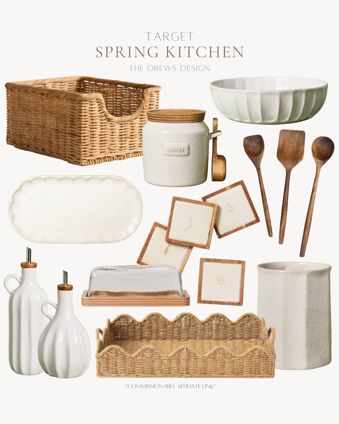 Spring kitchen from Target includes basket, tray, canister, oil dispenser, butter dish, utensils, coasters, bowl, coffee holder.

Home decor, kitchen decor, neutral kitchen, spring kitchen 

#LTKHome #LTKSeasonal #LTKvlog