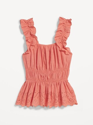 Sleeveless Waist-Defined Ruffle-Trimmed Embroidered Babydoll Blouse for Women | Old Navy (US)