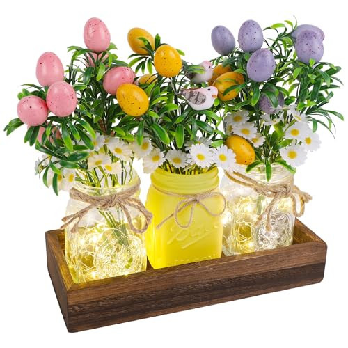 DR.DUDU Easter Decorations for Home, Easter Table Centerpiece with Egg Picks in Glass Vases, Wood Tray & Led Lights with Timer, Spring Decor for Home, Set of 3 | Amazon (US)
