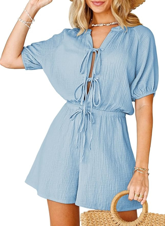 Fixmatti Women Summer Romper - Self Tie V Neck Casual Jumpsuit | Amazon (US)