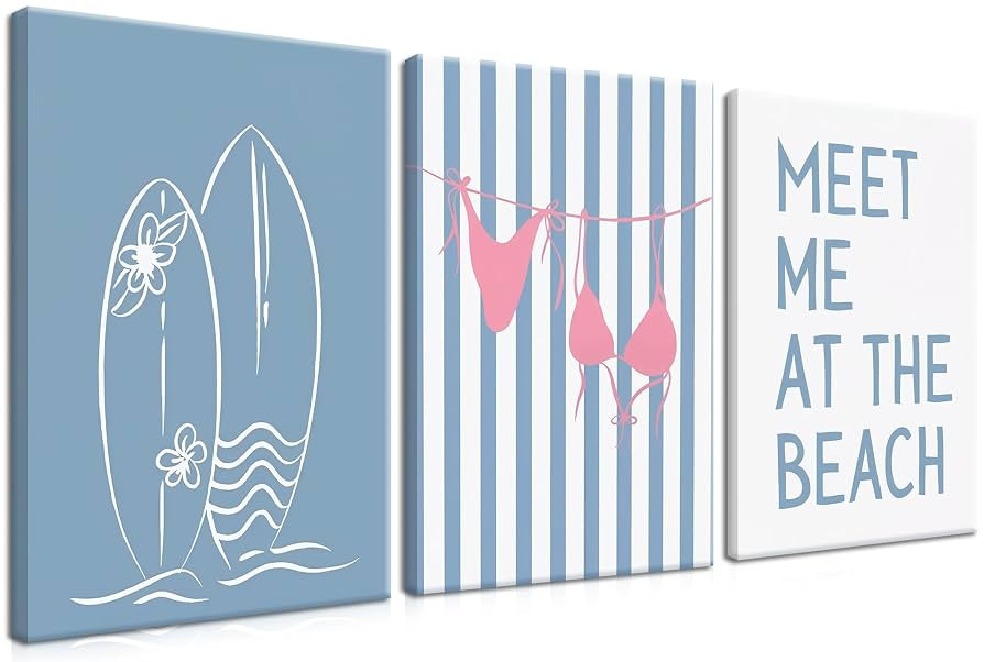 Coastal Beach Surfing Wall Art Set of 3, Preppy Bikini Shells Canvas Wall Decor Paintings, Blue S... | Amazon (US)