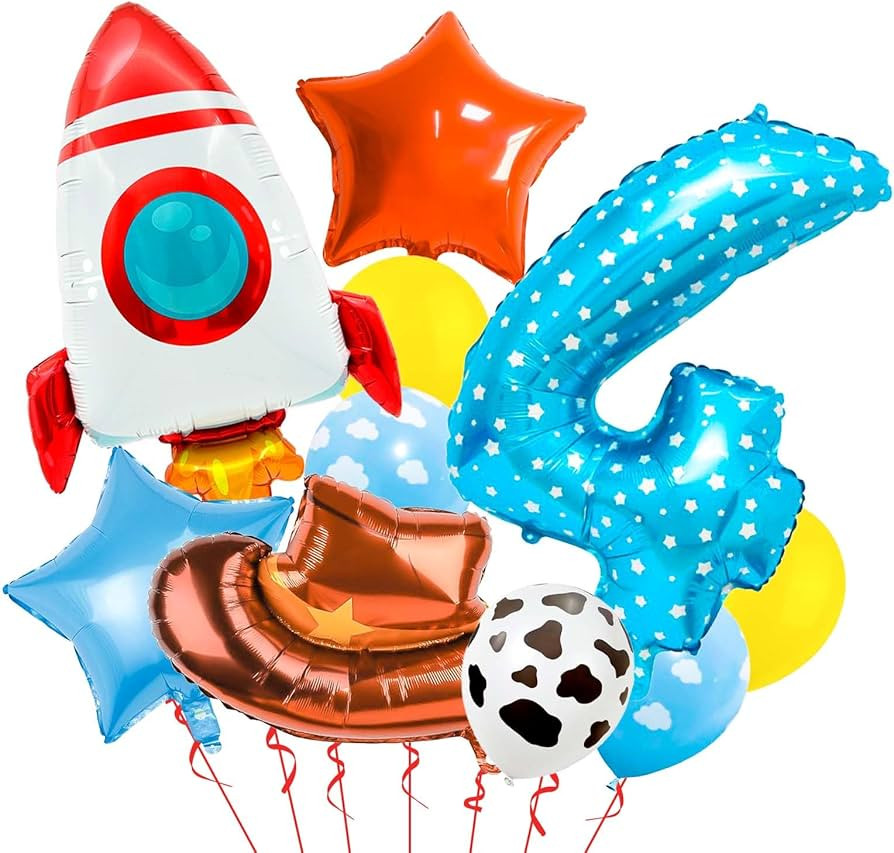 Toy Themed Number 4 Balloons, Happy Birthday, Colorful With Rocket and Cowboy Hat, Rainbow for Ki... | Amazon (US)
