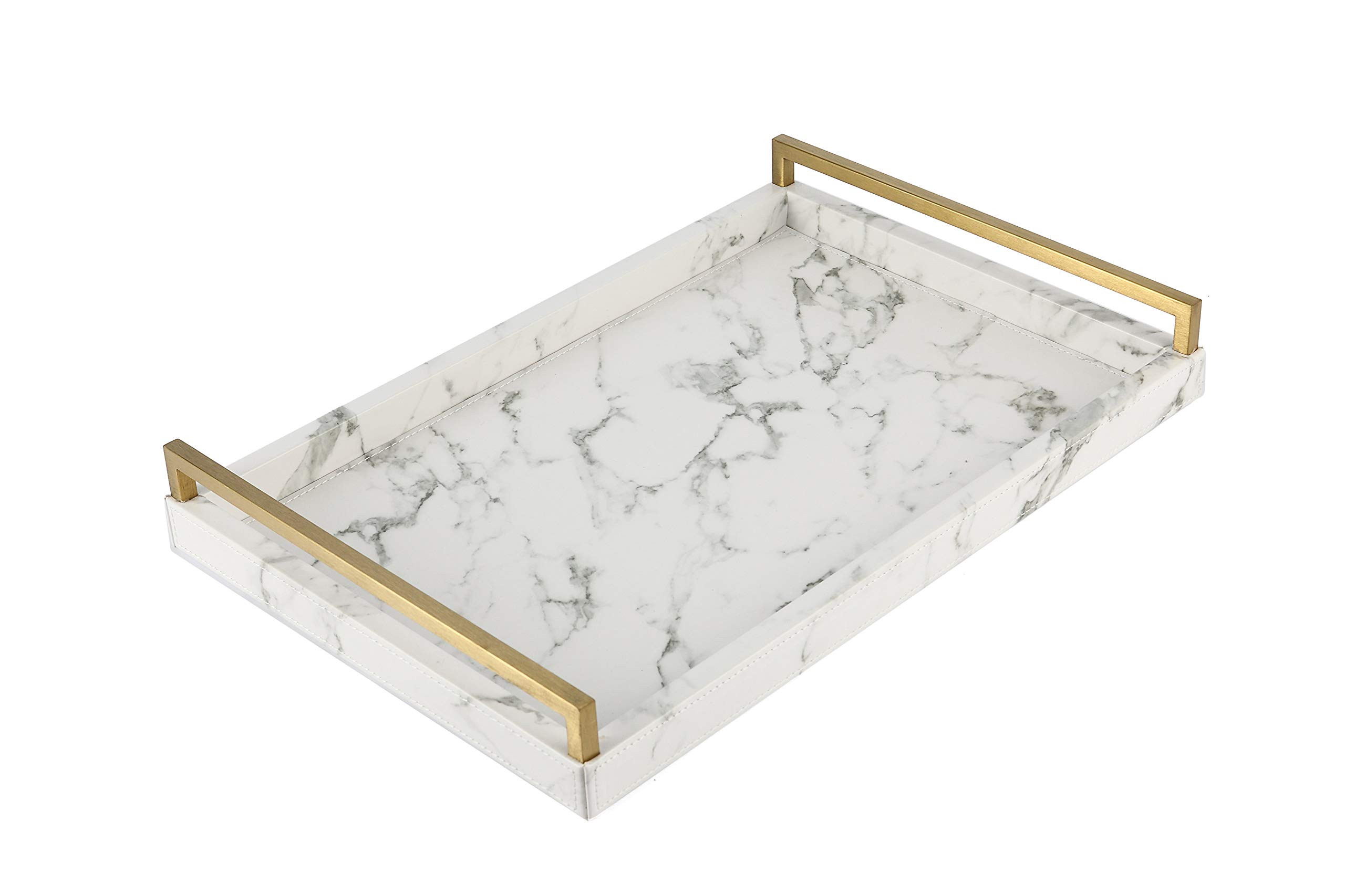 WV 17.8 * 11.8" White PU Leather Marble Finish Decorative Tray Serving Tray with Brushed Gold Han... | Amazon (US)
