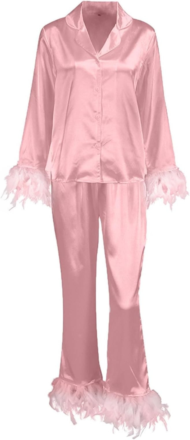 Valentine Pajamas Women Plus Size Satin Pajama Set Long Sleeve Button Loungewear Feather Sleepwea... | Amazon (US)