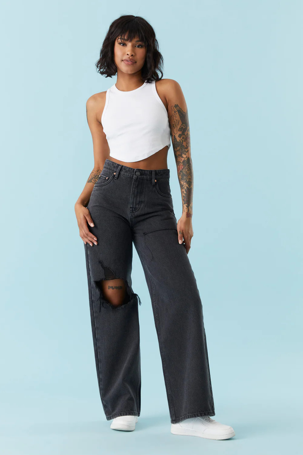 Refuge High-Rise Distressed Black Wash Loose Leg Jean | Charlotte Russe