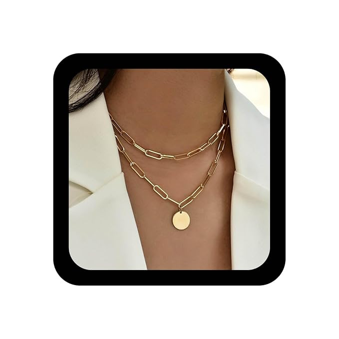 YienDoo Punk Layered Chunky Necklace Choker Gold Paperclip Chain Necklace Hip-hop Statement Coin ... | Amazon (US)