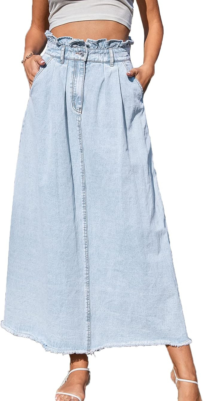 Womens Long Denim Skirts Midi Paperbag High Waist Strtetch Raw Hem A line Flare Jean Skirt with P... | Amazon (US)