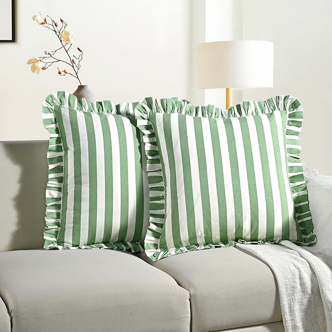 CPC Green Striped Hand Block Print Cotton Ruffle Decorative Throw Covers with Hidden Zipper 20" x... | Amazon (US)