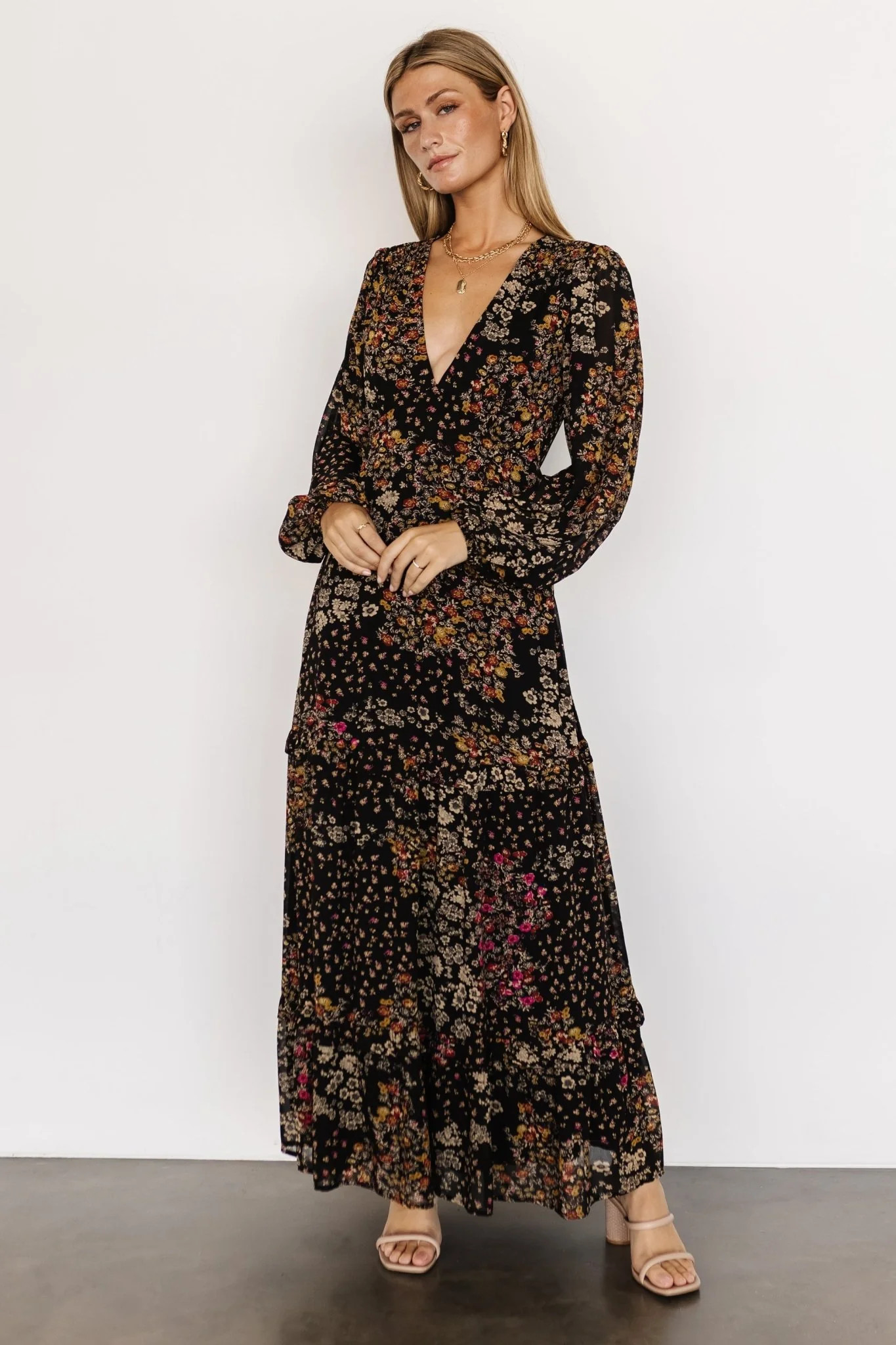 Bowman Deep V Maxi Dress | Black Multi | Baltic Born
