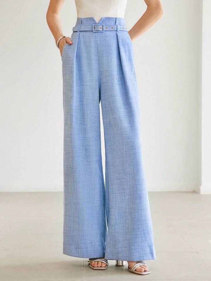 MOTF PREMIUM CALÇA DE TERNO COM PERNA LARGA, PLISSADA, CINTURA COM ENTALHE SÓLIDO | SHEIN