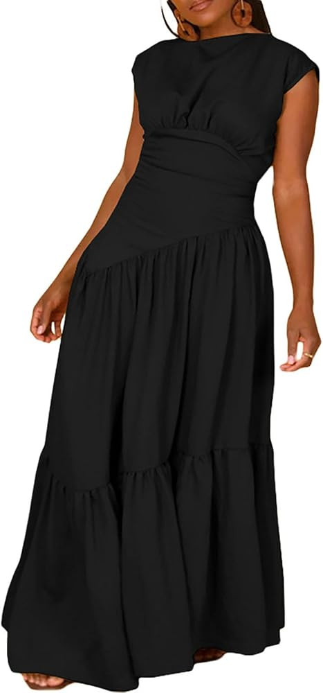 Women's Summer Sleeveless Loose Flowy Maxi Dress Crew Neck High Waist Casual Long Dress Zipper Sw... | Amazon (US)