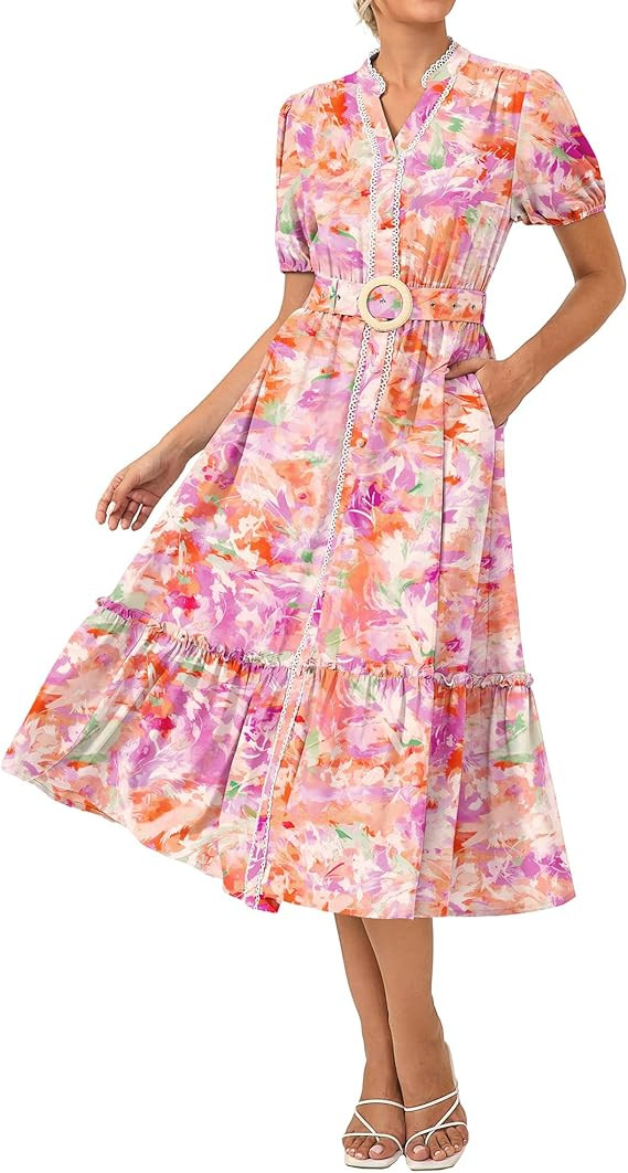 GRACE KARIN Womens Summer Floral Maxi Dress 2026 Casual Puff Short Sleeve Shirt Dress Boho Flowy ... | Amazon (US)