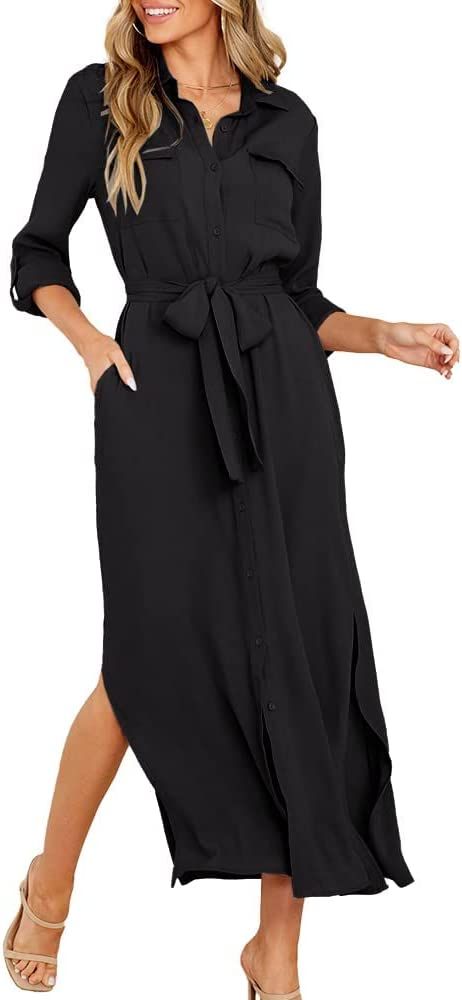 Fekermia Women's Button Down Shirt Dresses Roll Up Long Sleeve Dress Causal Belted Slits Midi Dre... | Amazon (US)