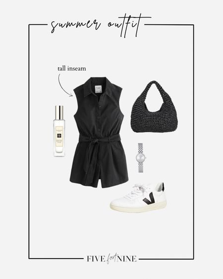 Black romper, Veja sneakers, raffia bag, summer outfit idea 

#LTKunder100