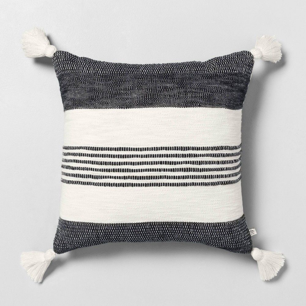 18" x 18" Center Stripes Tassel Throw Pillow Railroad Gray - Hearth & Hand™ with Magnolia | Target