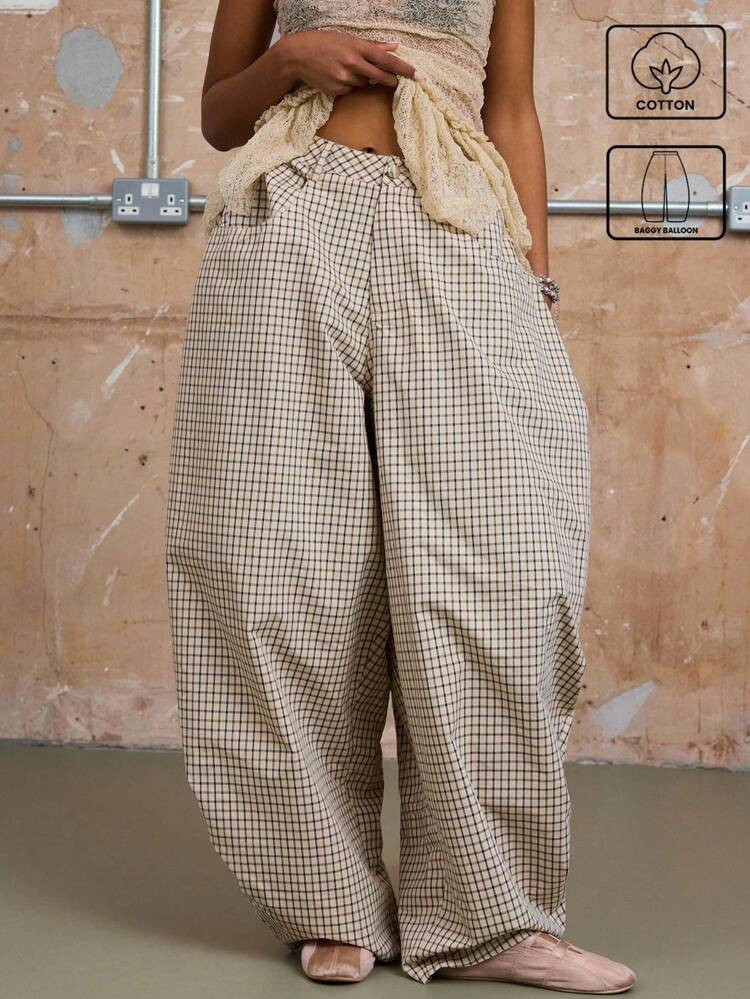 COUREZ Low Rise Baggy Balloon Fit Check Trousers/Y2K Summer Clothes For Women Trousers Oversized ... | SHEIN