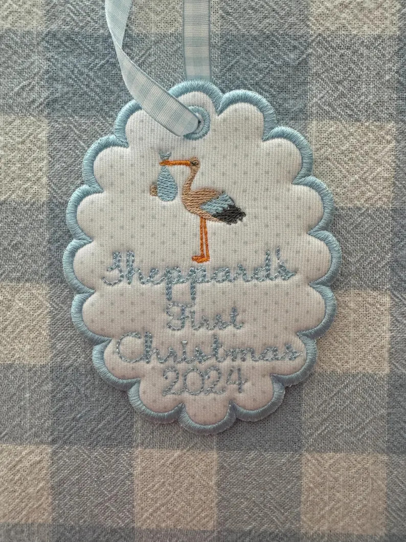 Custom Embroidered Christmas Ornament, 2024 Ornament, Scallop Stork Baby's First Christmas Orname... | Etsy (US)