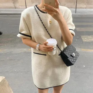 Muzly - Short-Sleeve Contrast-Lining Tweed Mini Dress | YesStyle Global