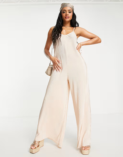 South Beach plisse oversized beach jumpsuit in cream | ASOS (Global)
