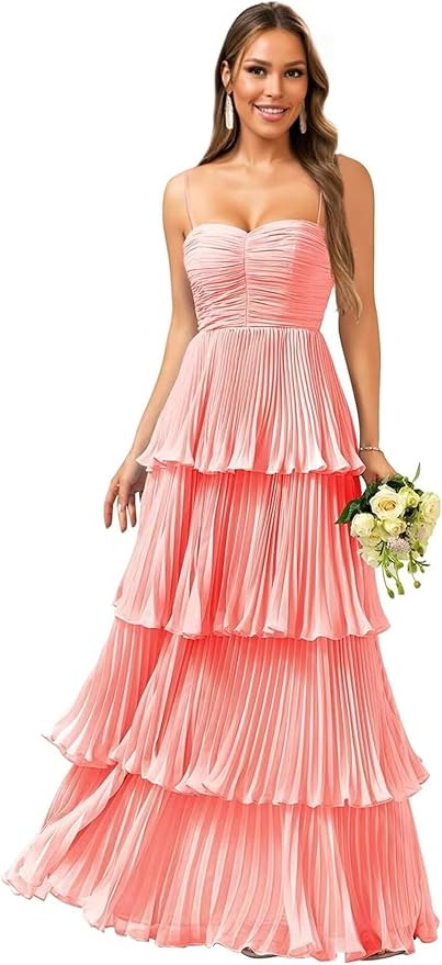Tiered Ruffle Bridesmaid Dresses for Women Spaghetti Straps Long Chiffon Formal Evening Prom Gown... | Amazon (US)