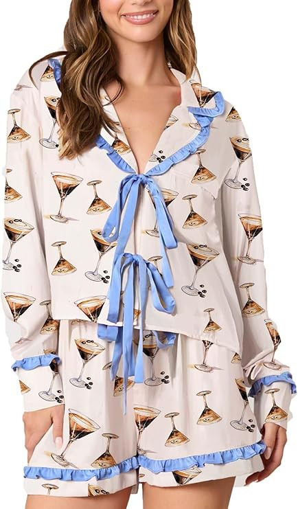 Women Silk Satin Martini Bow Pajamas Aesthetic Preppy Pjs Long Sleeve Shirt Ruffle Pj Shorts Set ... | Amazon (US)