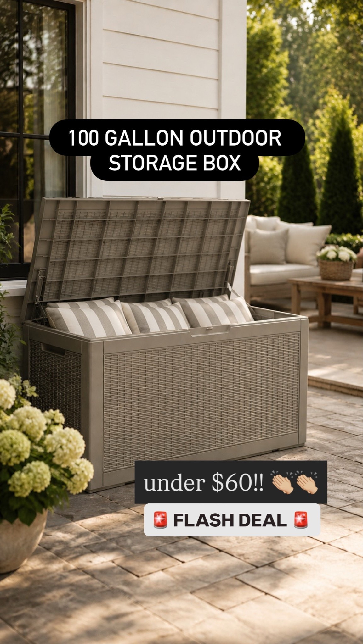 This 100 gallon outdoor storage box is one of the best patio organization finds I’ve come across 👏🏻🤍 It has the look of high-end woven outdoor furniture but gives you so much hidden storage for cushions, pool toys, gardening supplies, outdoor pillows, and more — and the price is SO good right now 🚨

I love that it blends seamlessly into a neutral outdoor space while still being super functional. Perfect for patios, decks, porches, and pool areas✨

Linked this outdoor storage box along with my patio decor and outdoor furniture finds in LTK! 🤎

#LTKHome #OutdoorLiving #PatioDecor #OutdoorStorage #BackyardInspo #AmazonHomeFinds #PatioIdeas #OutdoorOrganization #NeutralOutdoorDecor

#LTKSaleAlert #LTKHome #LTKSeasonal