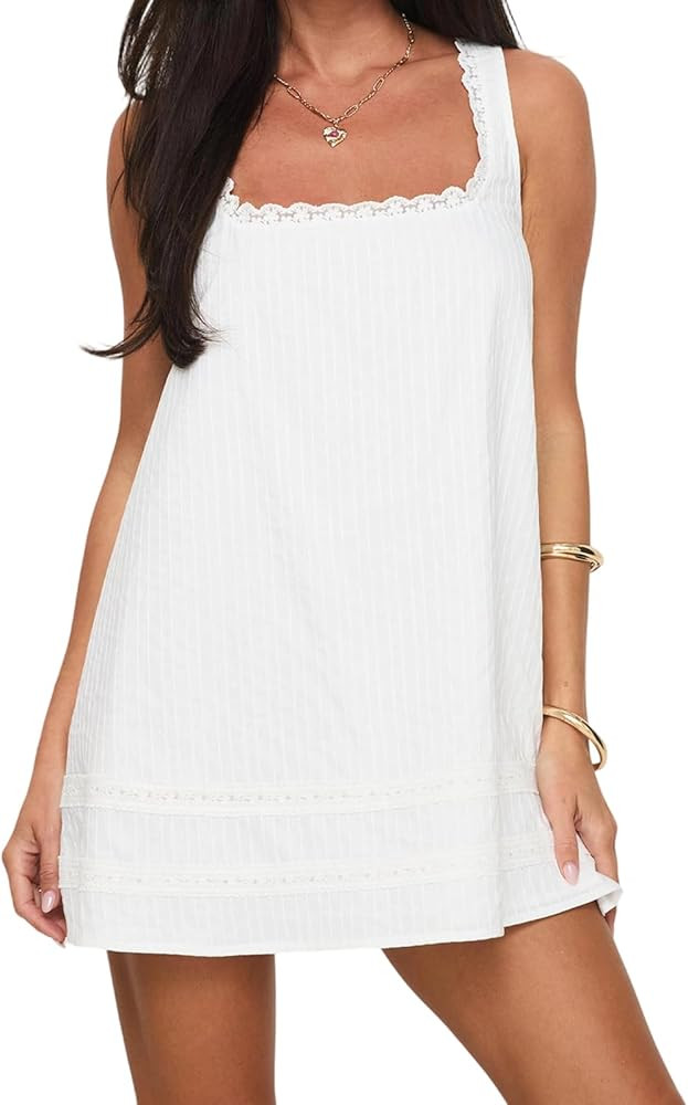 Casual Shift Dress for Women 2026 Fashion Lace Trim Square Neck Sleeveless Mini Dress Cute Spring... | Amazon (US)