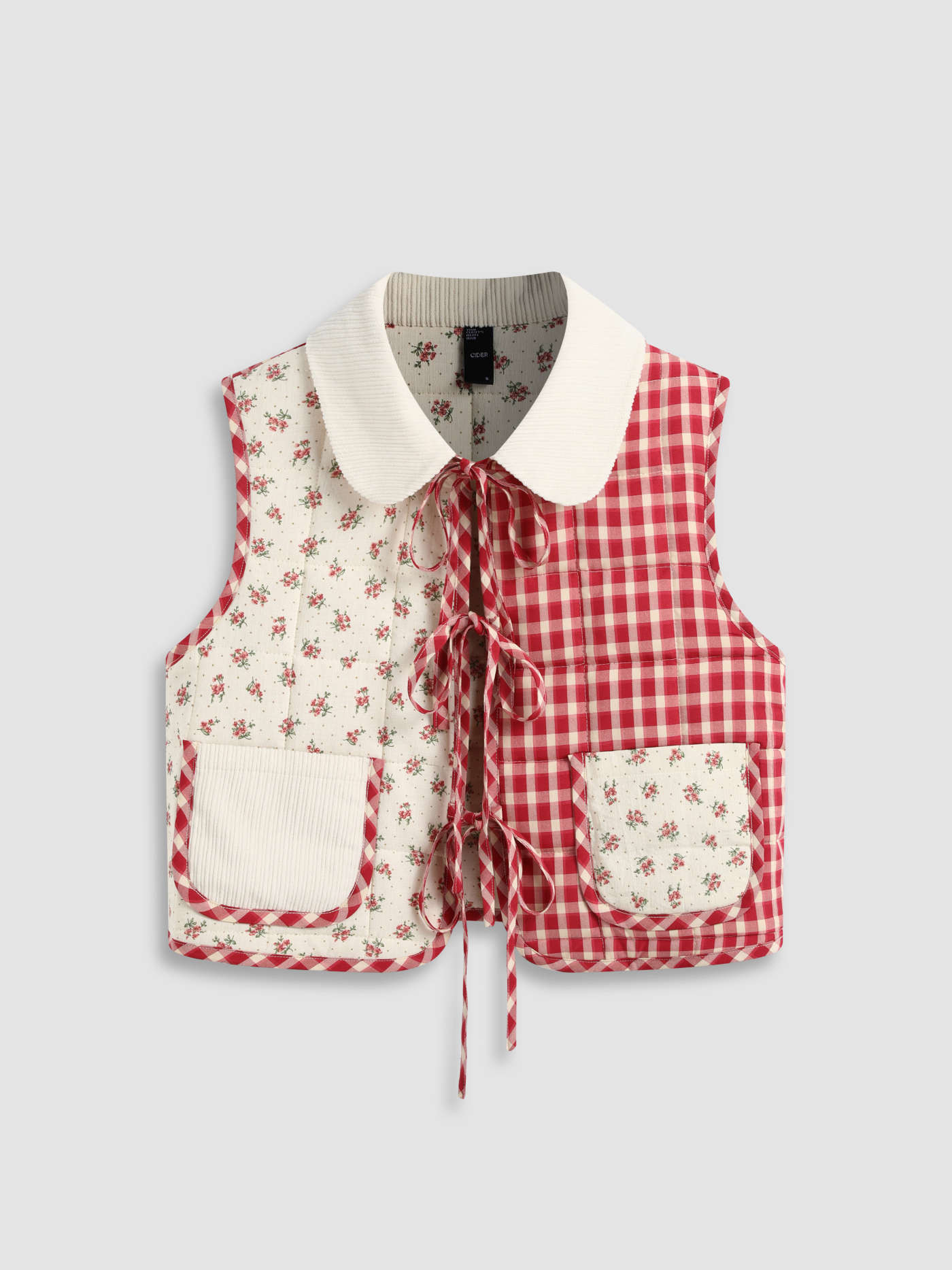 Woven Oversized Contrast Check Tie Front Bow Vest For School | Cider