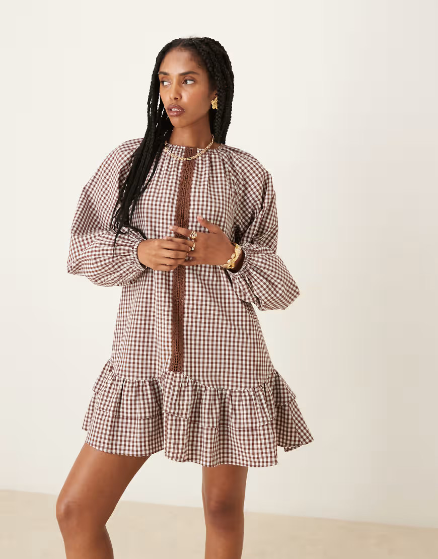 ASOS DESIGN dropped waist frill detail mini dress with lace trim in brown gingham-Multi | ASOS (Global)