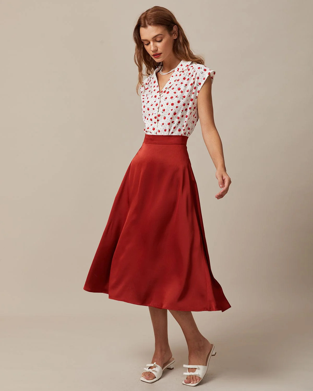 The Brick Red High Waisted Satin Midi Skirt | rihoas.com