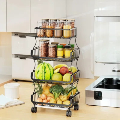4-Tier Rolling Kitchen Cart - Stackable Metal Wire Basket With Lockable Wheels & Hanging Baskets | Wayfair North America