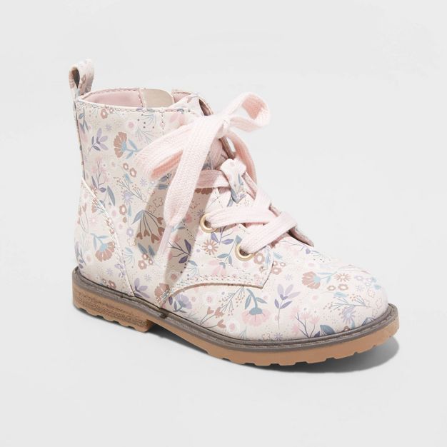 Toddler Girls&#39; Giovanna Floral Print Lace-Up Zipper Combat Boots - Cat &#38; Jack&#8482; Beig... | Target