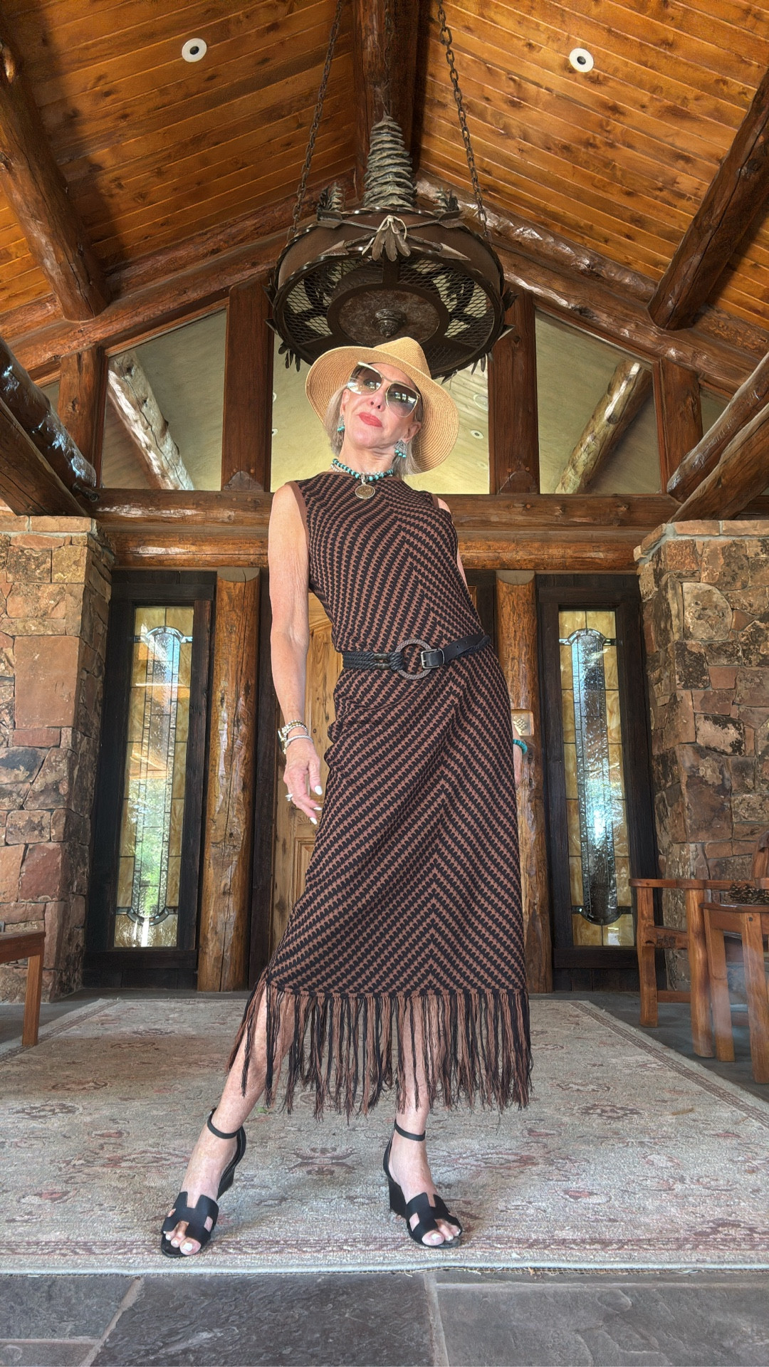Sleeveless knit fringe dress runs tts
Comes in 10 colors 
Hat 
Turquoise & silver jewelry
Gucci sunglasses 
Colorado style
Mountain style 
Boho style 

#LTKOver40 #LTKFindsUnder50 #LTKStyleTip