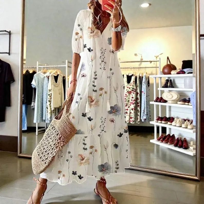 Vintage Bohemian Women Summer Dress V Neck Half Sleeve Long Casual Beach Holiday Dress | Etsy (US)