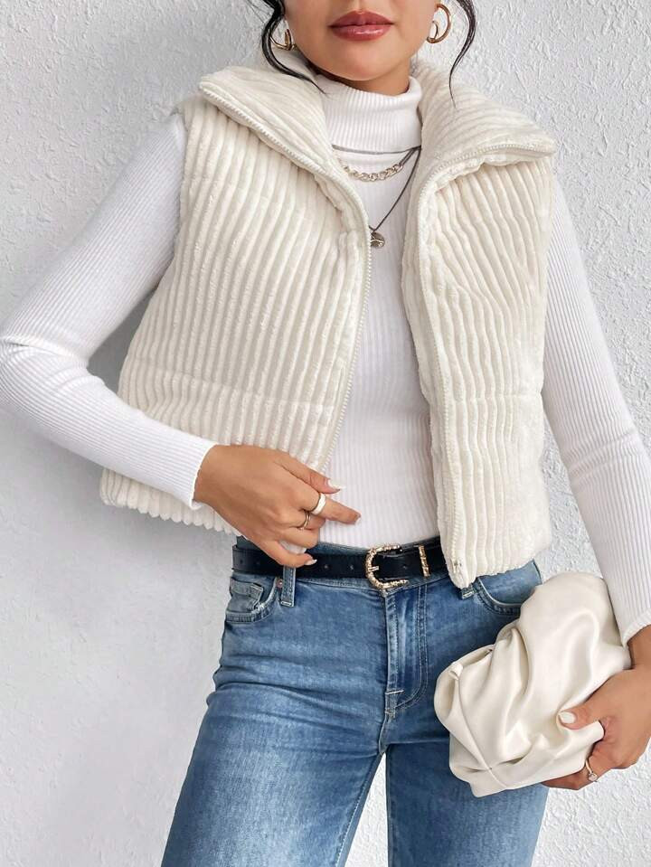SHEIN Frenchy Zip Up Corduroy Vest Winter Coat | SHEIN